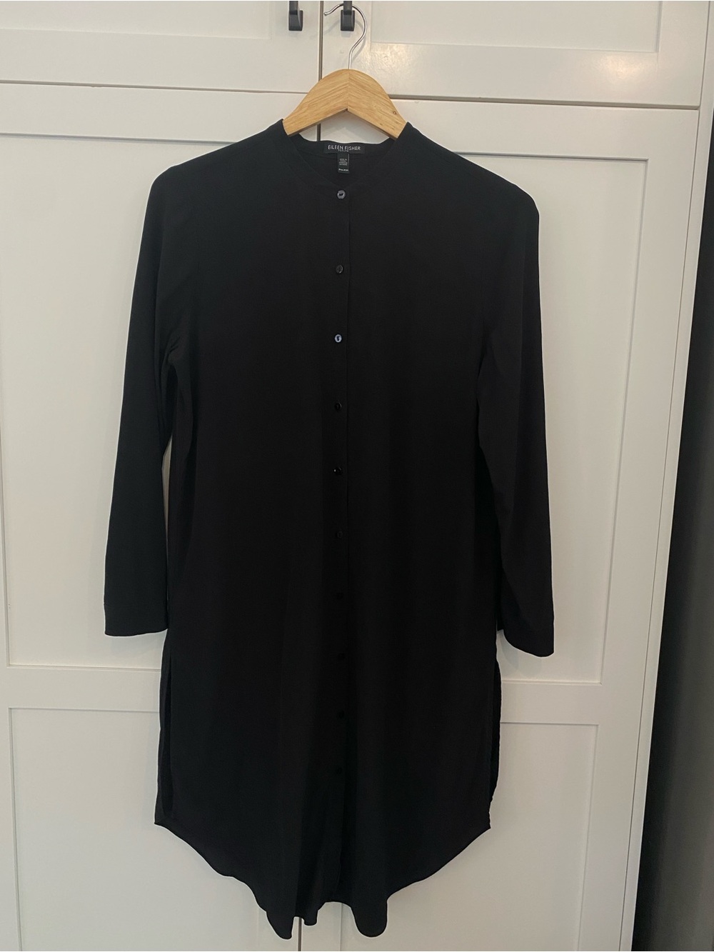 Eileen Fisher 100% Silk Long Sleeve Midi Button-Front Tunic Shirtdress Petite M